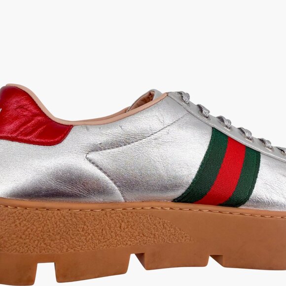 Gucci Ace Bee Silver Leather Platform Low Top Sneakers Shoes Size 41 US 11 Women - Picture 12 of 15